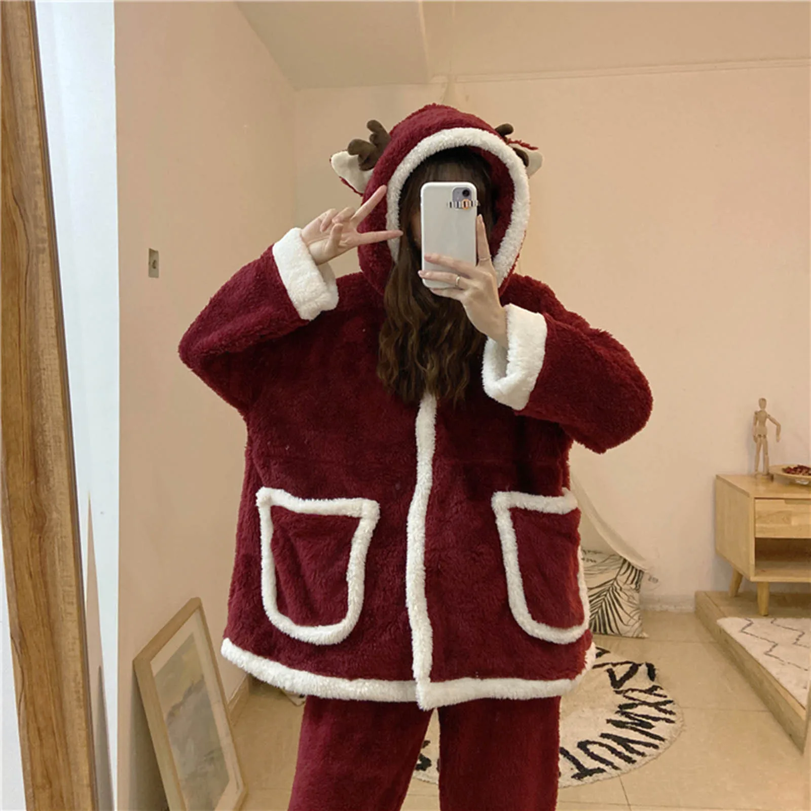 2023 Christmas Pajamas Adults Solid Cute Top+Pants 2pcs Xmas Sleepwear Kawaii Fluffy Warm Kimono Bathrobe Suit Cosplay Clothes