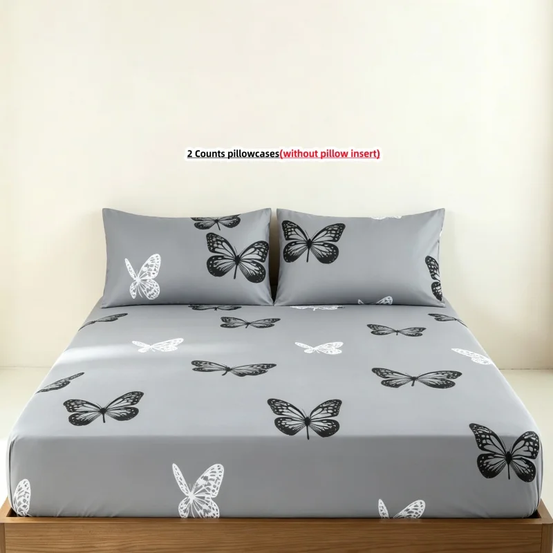 3Pcs butterfly Fitted Bed Sheet With Elastic Band Anti-slip Adjustable bow Mattress Cover (Pillowcase without pillow core))