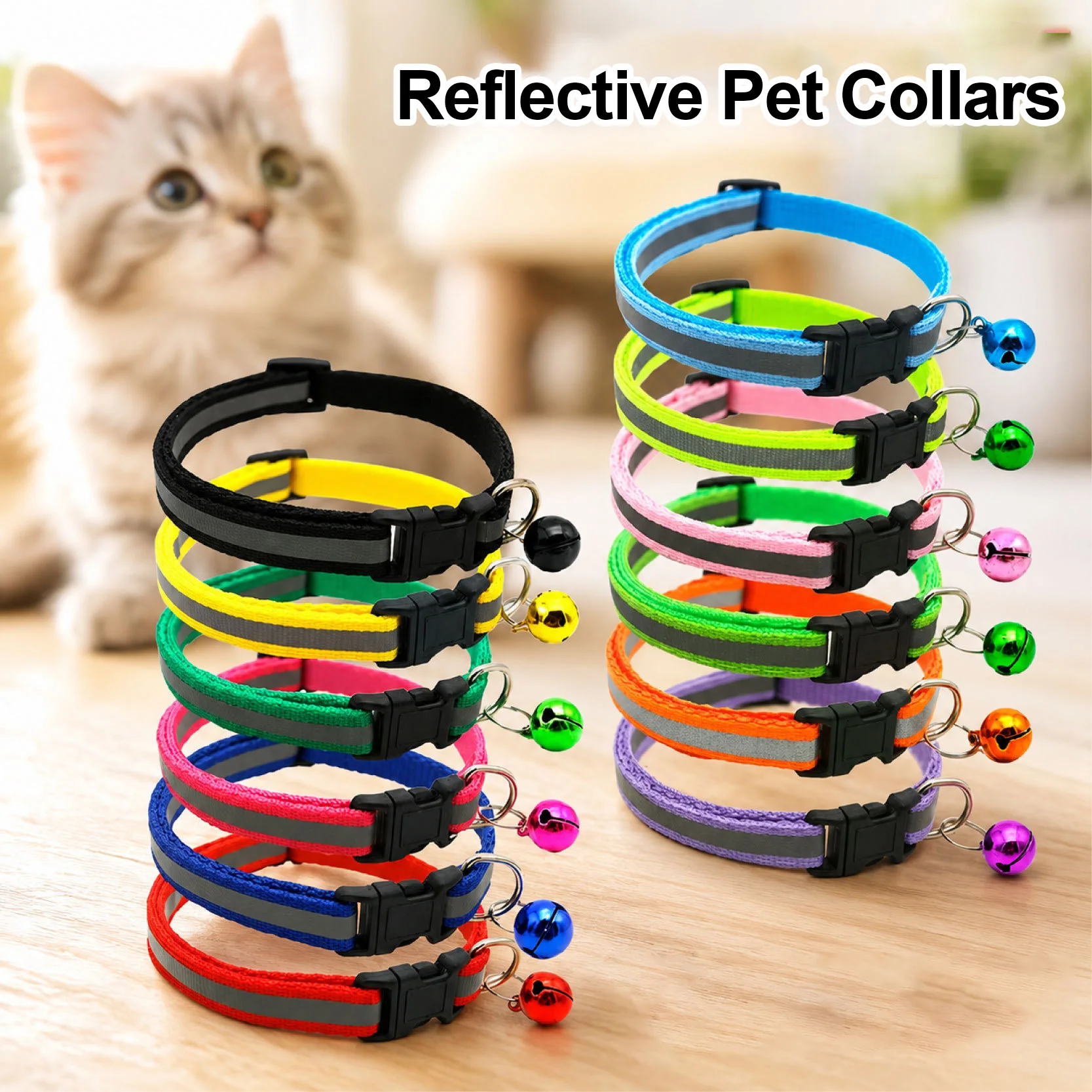 Small Dog Reflective Cat Collar with Bell Breakaway Adjustable Kitten Collar Night Safety Lightweight Outdoor Night Visibility