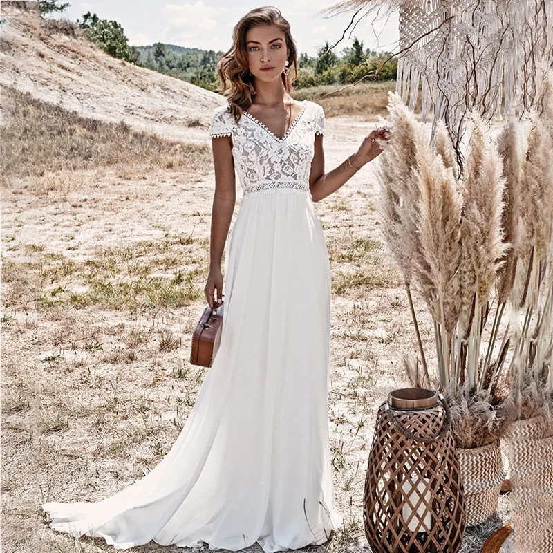 Customized A Line Women Wedding Dresses BOHO V Neck Chiffon Backless Bridal Gowns Formal Beach Backless robe de mariée