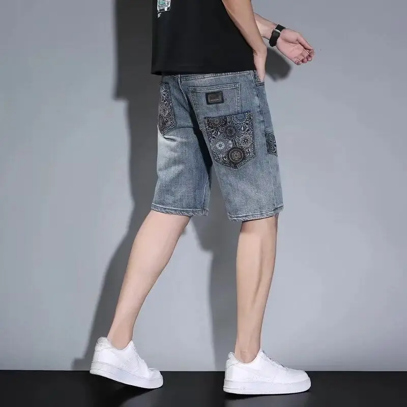 Fashion Luxury New National Printed Designer Men's Loose Fit Denim Shorts Casual Summer Knee Length Multi-pocketed Jeans Male