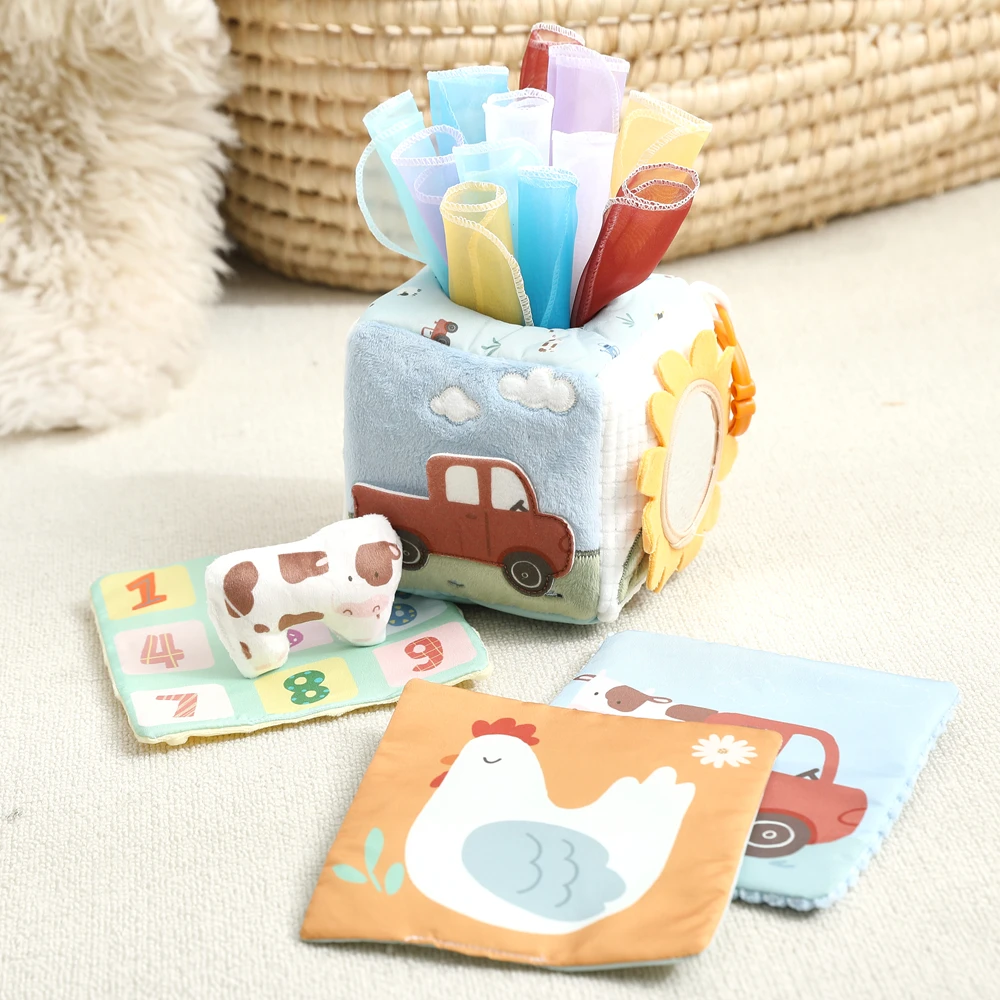 Farm Tissue Box Toy Pull and Play Crinkle Tissues Toys for Babies Gauze Scarves Fine Motor Skills Sensory Exploration Baby Toys