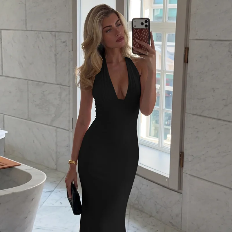 Hugcitar Damen Elegantes Neckholder-Kleid mit V-Ausschnitt, Sexy Maxikleid mit Knöpfen und Schnürung, Sommerkleid, Damenmode-Outfit für Geburtstagsfeier und Festival – Detail 24