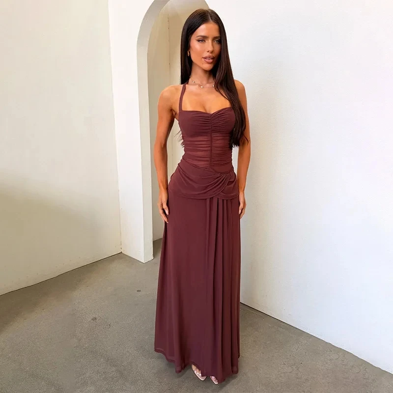 

2026 Spring Summer New Womens Fashion Elegant Desin Solid Color Sleeveless Halter Open Back Ruched Dress