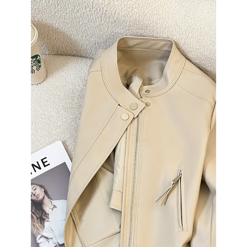 Chaqueta de cuero informal negra para mujer, chaqueta de cuero de manga larga Beige a la moda de alta calidad, chaqueta de motocicleta