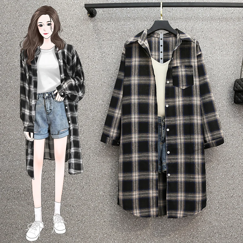 

Slimming Plaid Long Sve irt Women's plus Size Hong Kong Sle Spring Autumn New Arrival Commute Sle Button up Coat