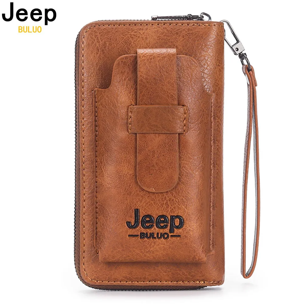 JEEP BULUO-cartera de mano de cuero para hombre, monedero de marca para teléfono, doble cremallera, de lujo, de gran capacidad