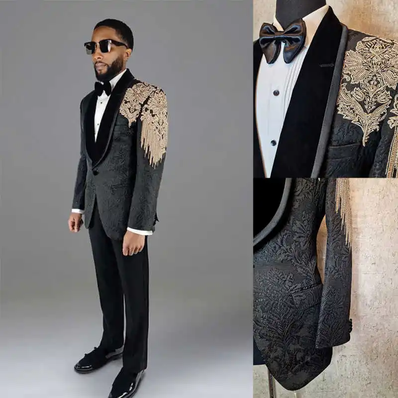 

Elegant Jacquard Wedding Groom Tuxedos 2 Piece Set Appliques Tassel Men Suit Shawl Lapel Formal Business Blazers Customized