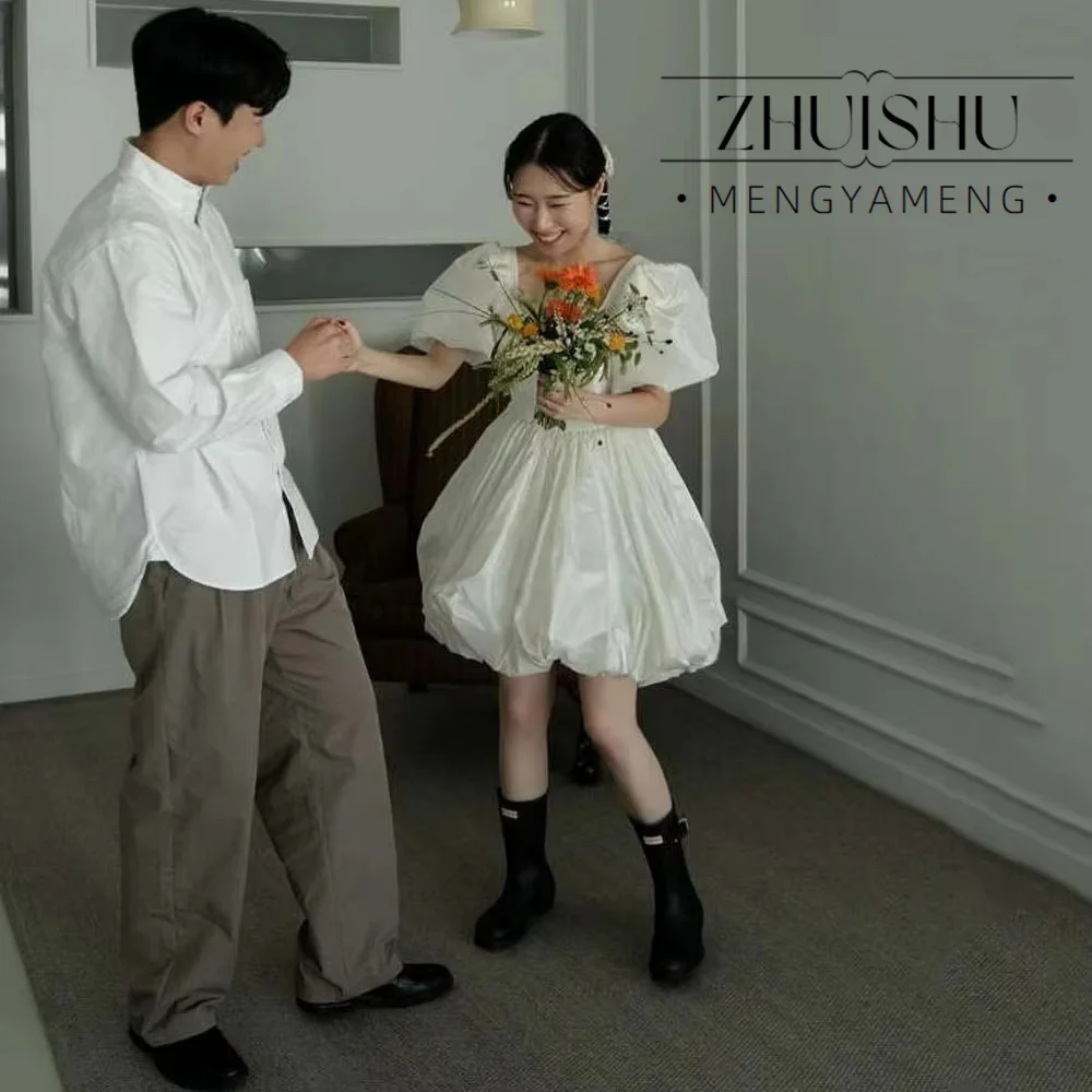 Simple Korea Wedding Dresses Square Short Puff Sleeves Customized A-Line Knee Length Bridal Gowns Photo Shoot Formal Dress