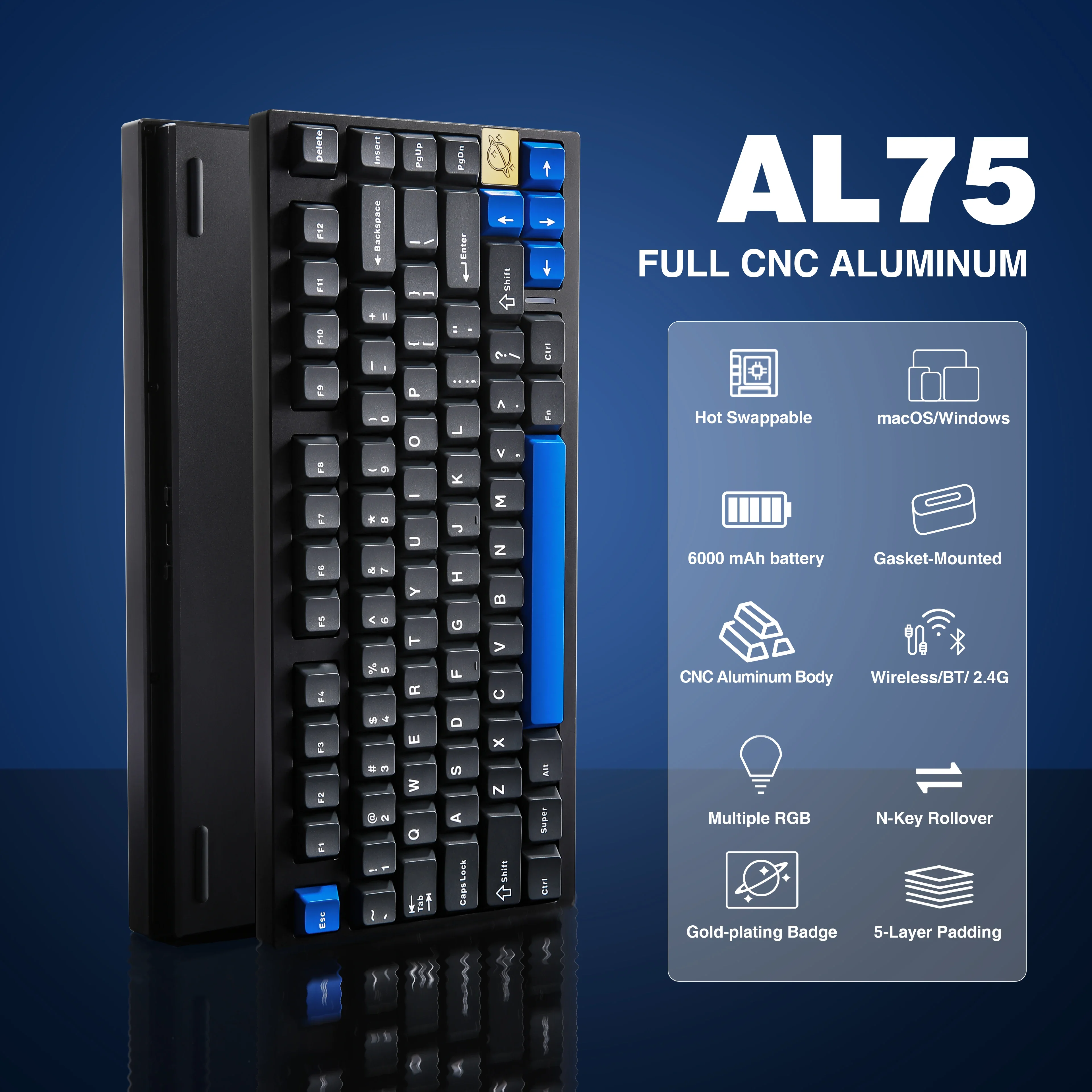 AL75 Black 75% Aluminum Wireless BT/2.4G/Wired Mechanical Gaming Keyboard, Hot Swappable Pre-lubed Switches, Gasket PCB