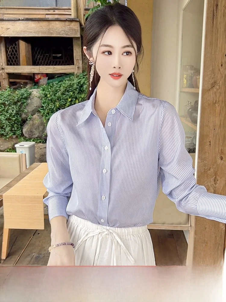

Daily Wear Blue White Stripes Women's Silk Silk irt Top Early Spring Commute High End Feeling Blouse Faionable S...