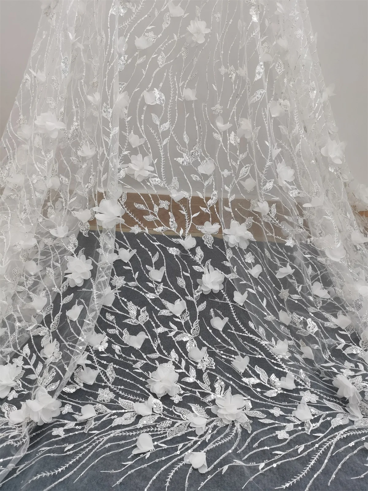 Off White 3d Flower Tulle Mesh Fabric For Wedding Dress Gown Lace Beadings Sell by yard