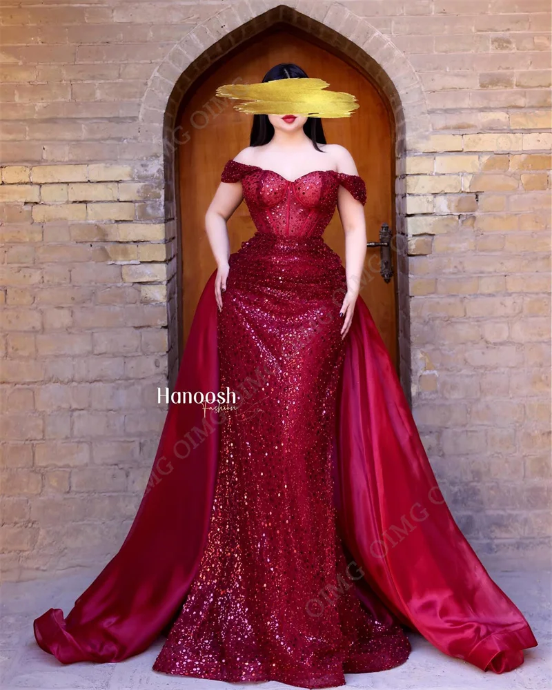 OIMG vestido de noche Formal de sirena con lentejuelas Rojas, hombros descubiertos, cuentas brillantes, vestidos de noche de fiesta de cena para mujer, vestidos de cóctel