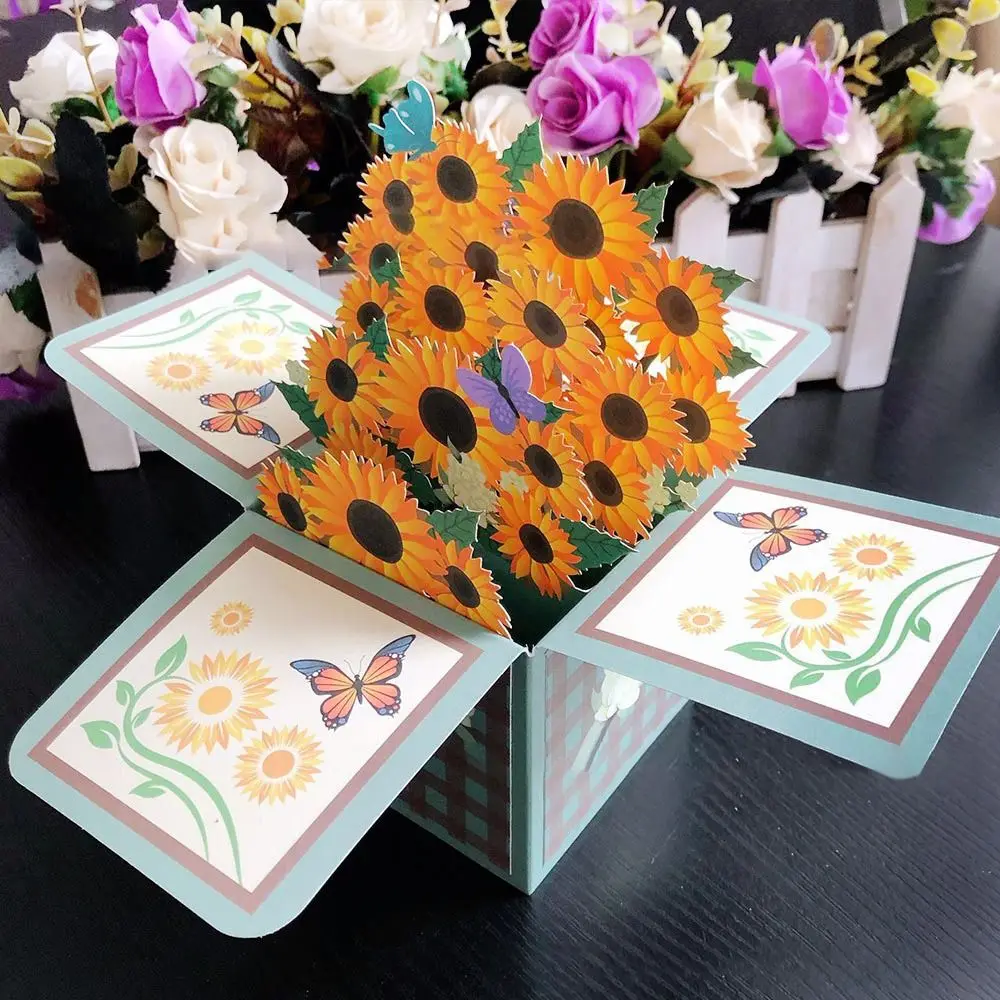 3D Pop Up Greeting Cards Birthday Postcard 3D Box Bouquet Flower Greeting Cards Thank You Girlfriend Teacher Gift