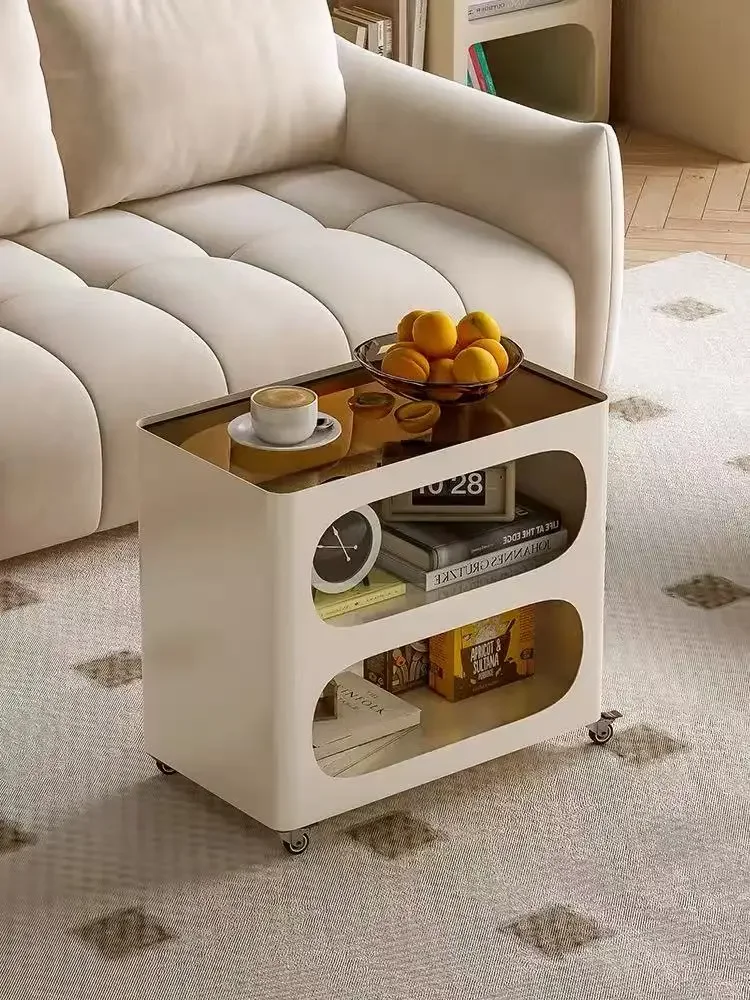 #Movable Side Table with Wheels, 3-Tier Tempered Glass Rolling Coffee Cart for Living Room