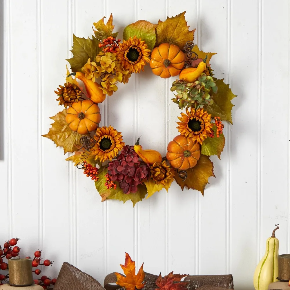 

Decoration Halloween Decor Free Shipping Plastic Hydrangea Artificial Fall Wreath With Pumpkins and Sunflower 22 Inch Confetti