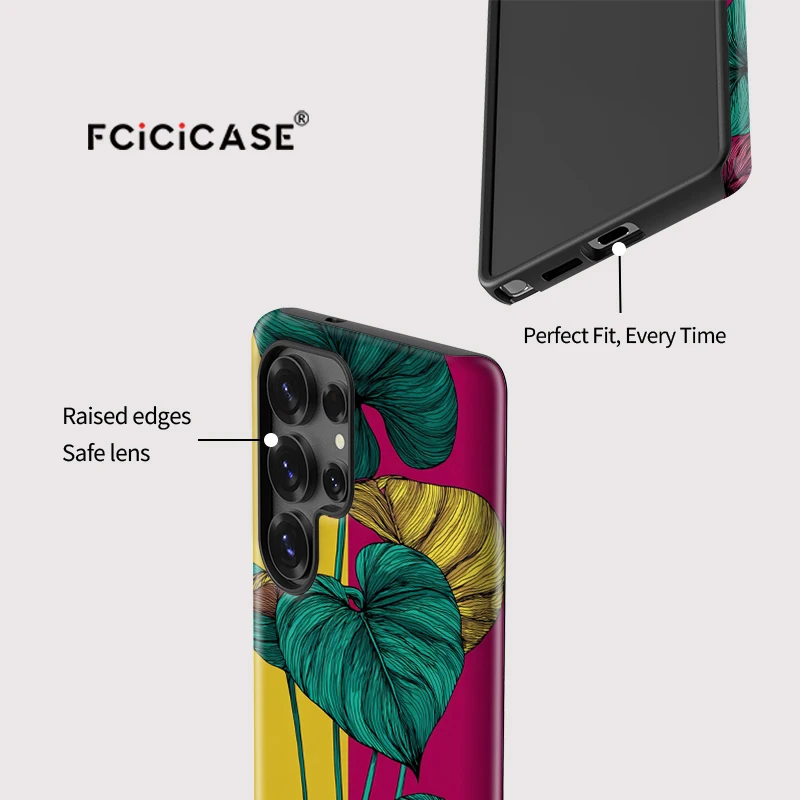 Fcicicase S25 الترا موضة يترك طباعة جراب هاتف لسامسونج غالاكسي S24 زائد S20 FE S23 A56 A26 A36 A16 ماتي PC غطاء من البولي يوريثان