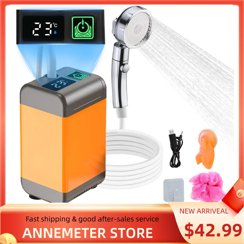 

Portable Camping Shower - Rechargeable 7800mAh Pump with Showerhead, Low Noise, Temp & Battery Display for Camping, Beach