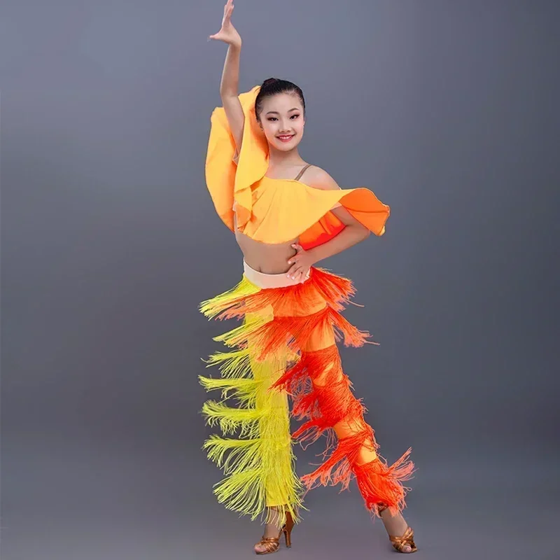 

2025Girls Yellow Cropped Tops Fringed Trousers Suit Children Performance Dress Competition Costume Latin Dance Clothing Set