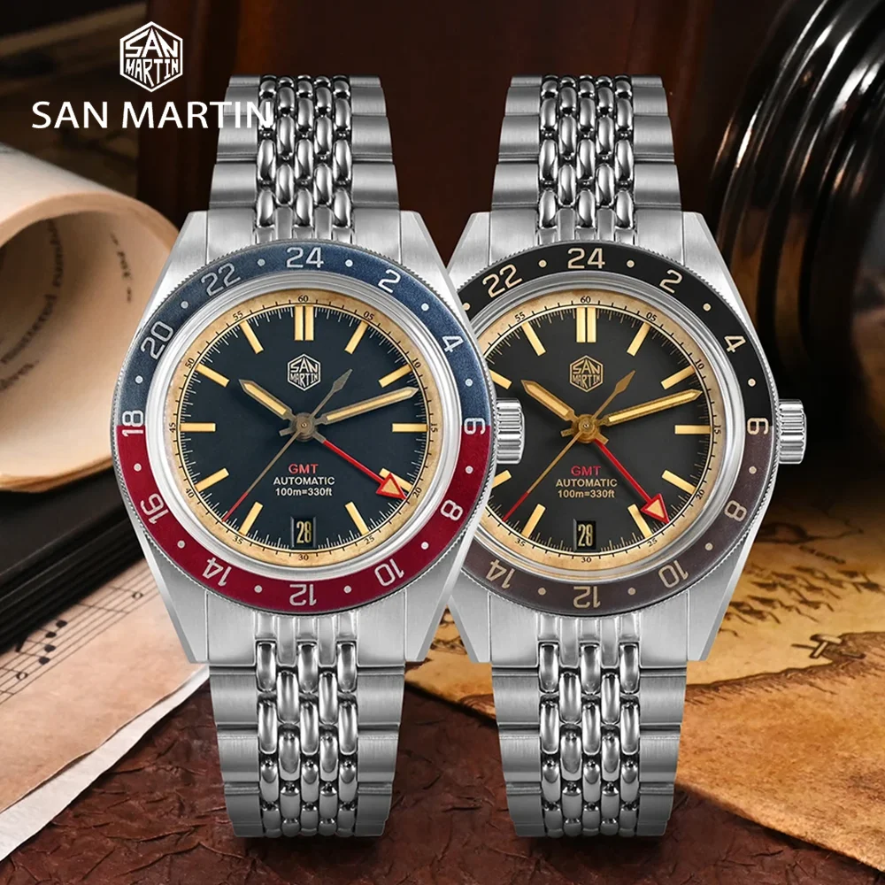 Saint Martin Original 39,5mm nh34 gmt Männer Automatik uhr bidirektion ale Aluminium Lünette Luxus mechanische Uhr 10bar leuchtend