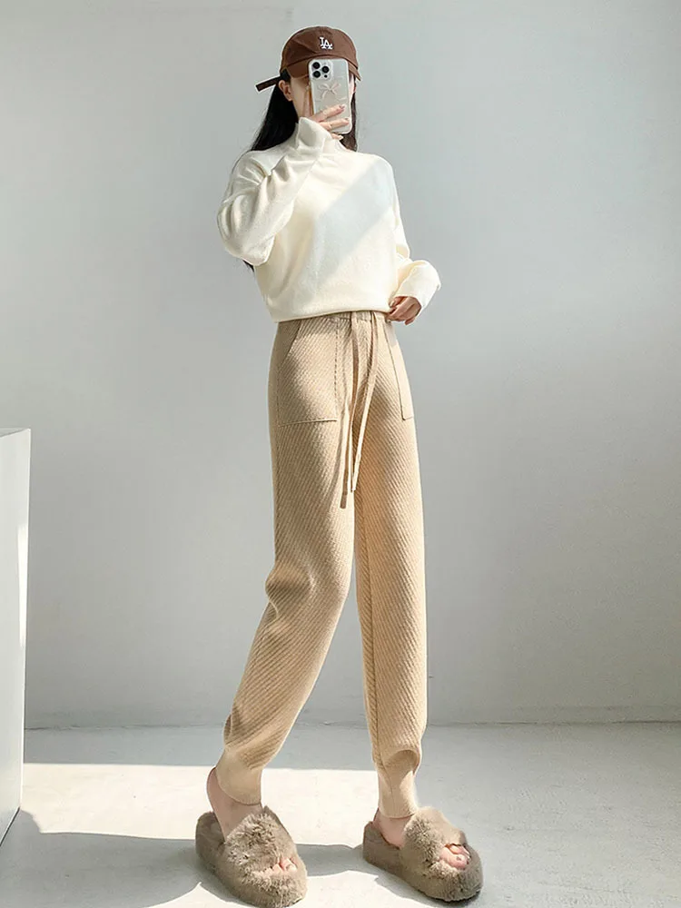 Women Casual Harem Pants Loose Trousers For Women Knitted Pants Autumn Winter Solid Color Sweater Trousers With Pockets