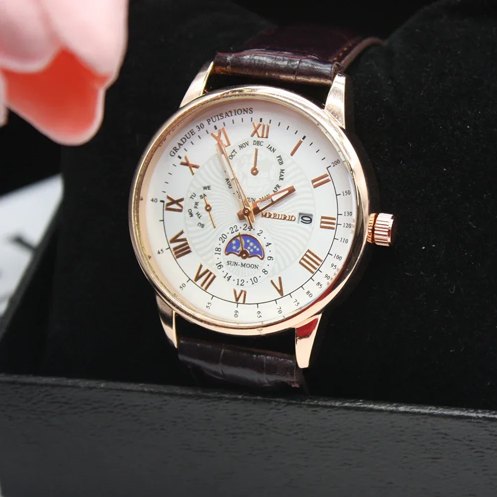 ساعة يد أنيقة بسوار جلدي للرجال ، سوار كوارتز ، سحر ، تتضمن صندوقًا ، عامل مكتب ، جديد ، 5 طقم