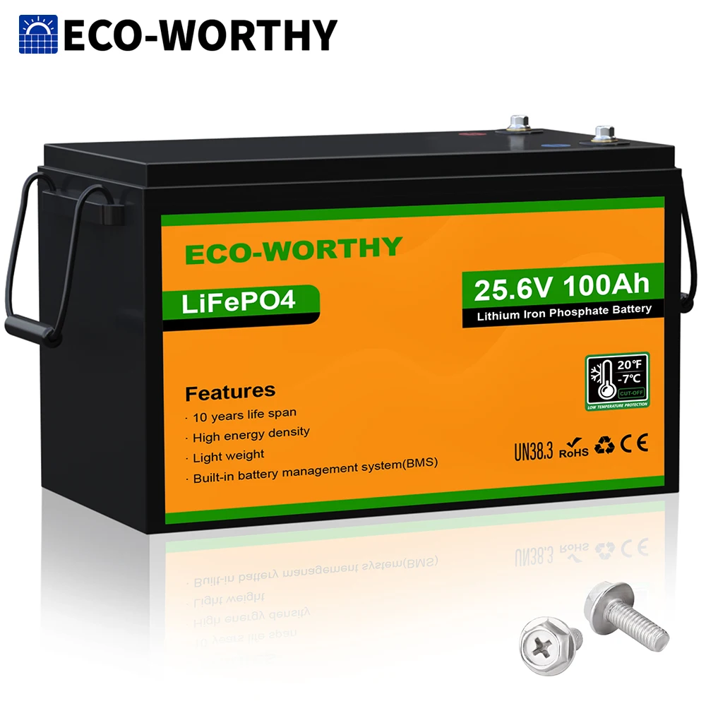 بطارية ليثيوم ECO-WORTHY 24V 100AH LiFePO4، بطارية قابلة لإعادة الشحن ذات دورات عميقة مع حماية منخفضة الحرارة، كحد أقصى. 2560 واط خارج الشبكة