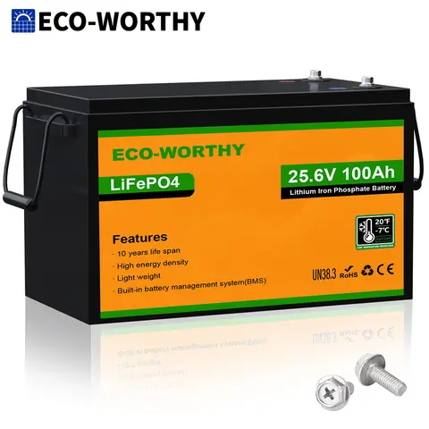 Bateria de lítio ECO-WORTHY 24V 100AH LiFePO4, bateria recarregável de ciclos profundos com proteção de baixa temperatura, máx. 2560W para fora da rede