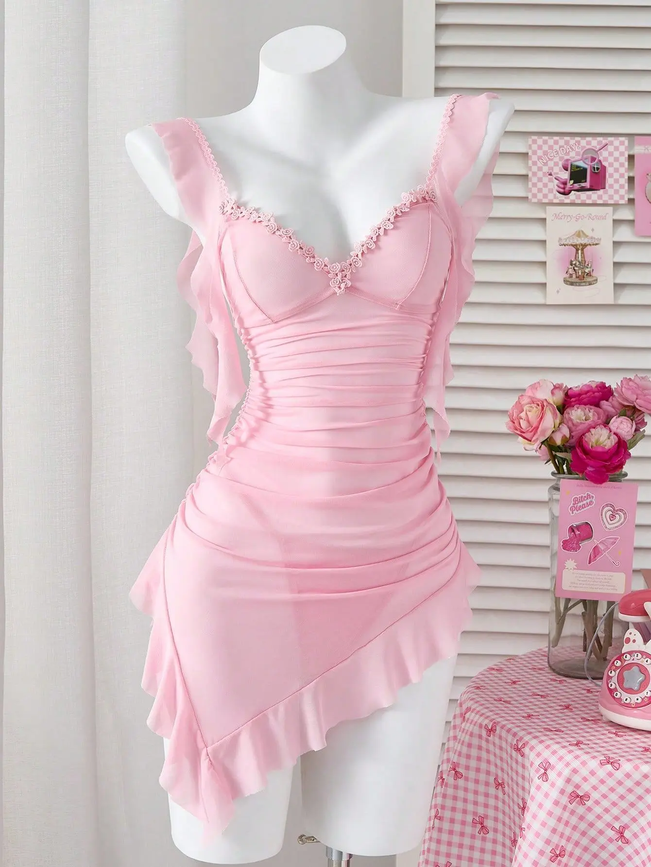 Sweet Women's Summer Dress Coquette Romantic Pleated Party Dress Asymmetric Ruffled 2PC Embroidered Evening Pure Desire