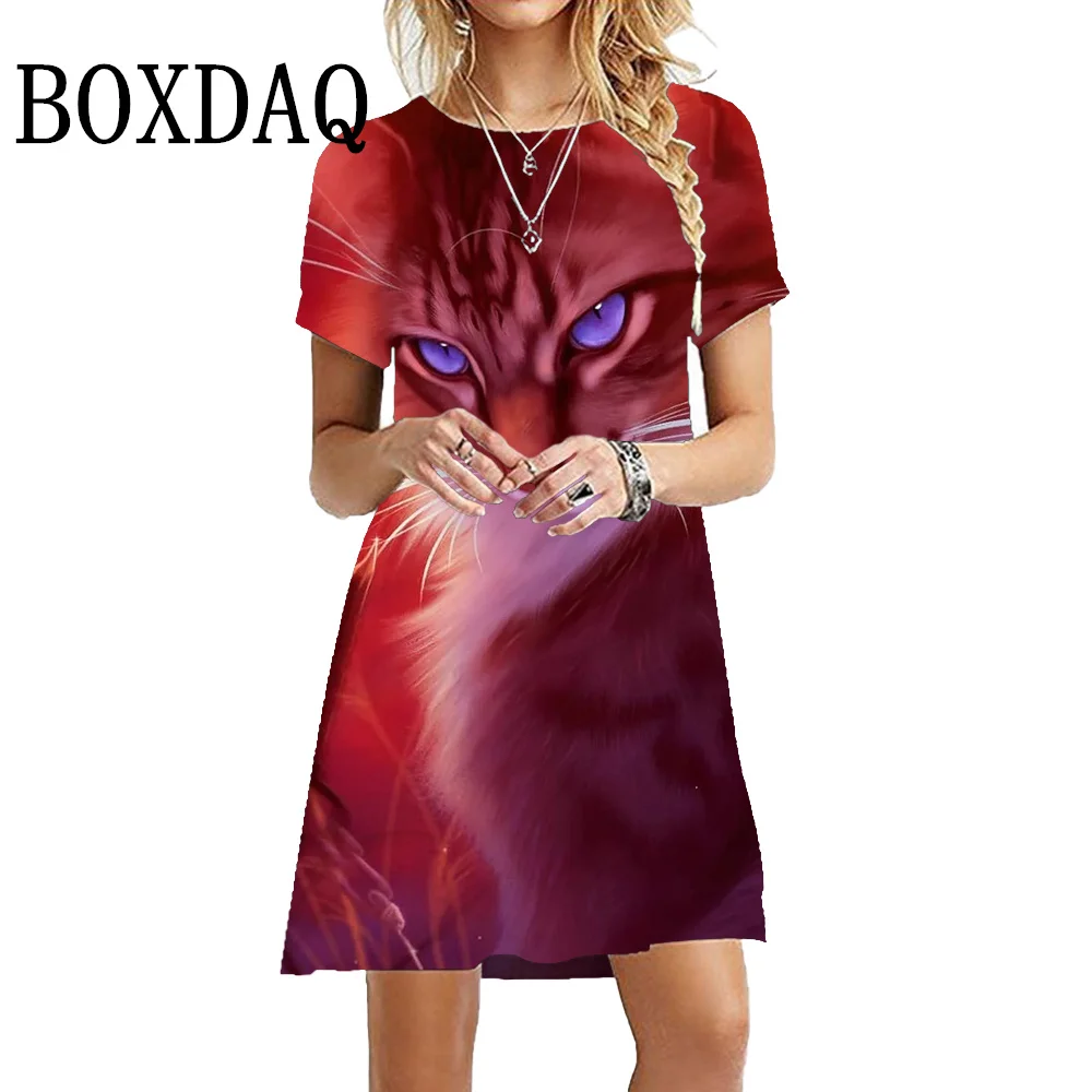 

Tie Dye Classic Cat Print Dress Summer Women Short Sleeve Pullover Casual Party Dresses Ladies Fashion Loose Oversized Clothing