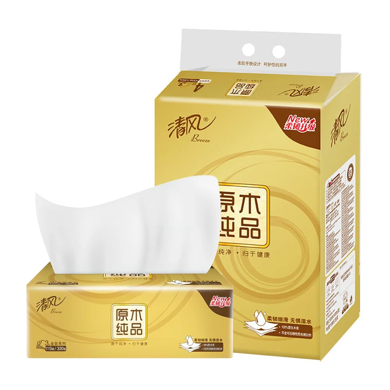 Qingfeng Log Gold 3-Layer 110-Pull مناديل الوجه القابلة للإزالة 4 عبوات/كيس