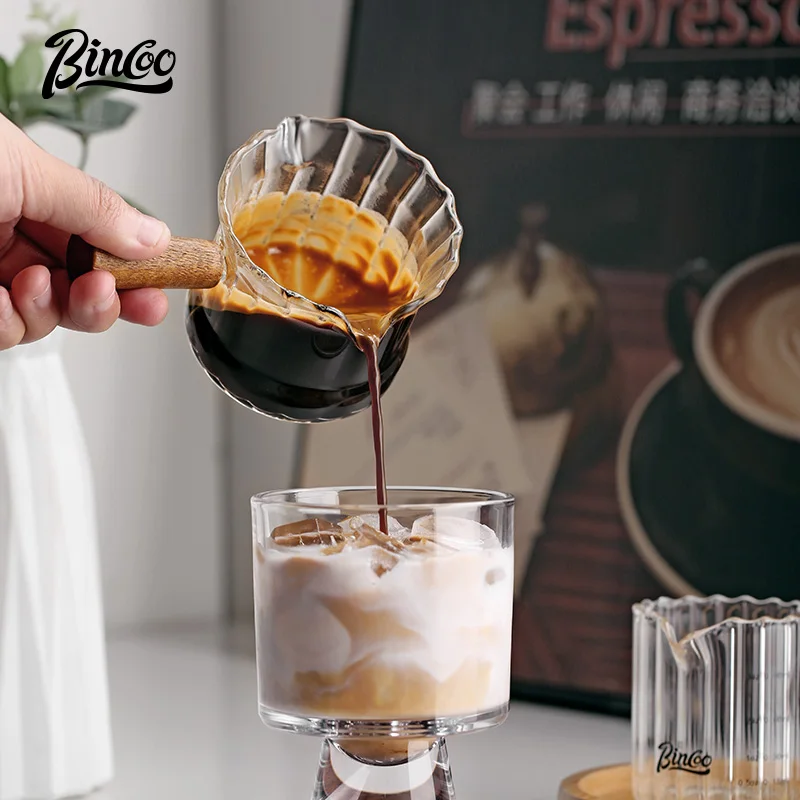 BINCOO 160ML Espresso Cup With Wood Handle Coffee Measuring Glass Milk Frothing Jug Flower Latte Art Mug Coffee Accessories