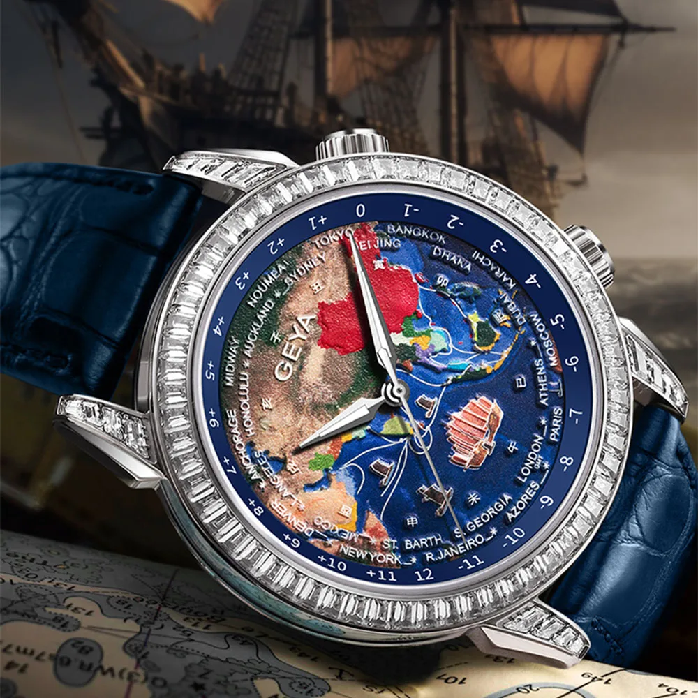 GUYA Worldtimer Fully Motorised Mechanical Men's Western Navigator Worldtimer, Luminous, Power Reserve, Luxury Watches