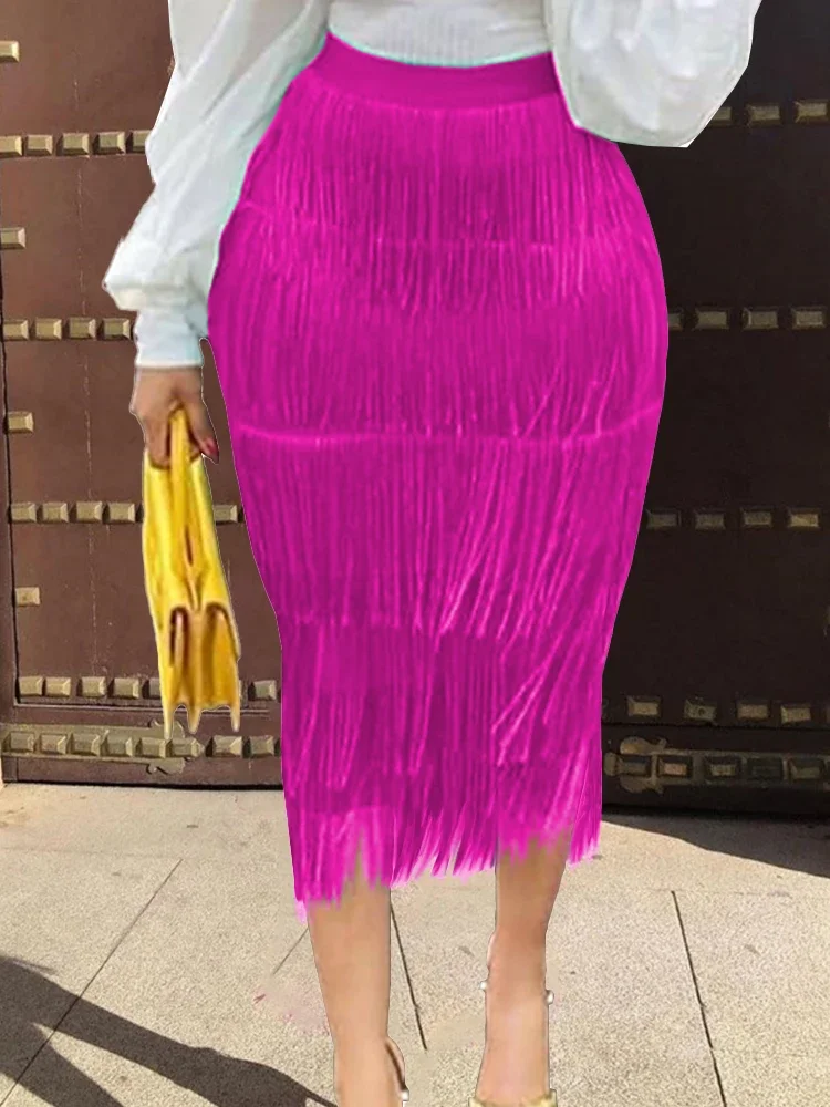 Elegant Women Bodycon Tassels Skirt High Waist Midi Fringe Pencil Skirts Female Plus Size Classy Fashion Black Fuchsia Jupes 4XL