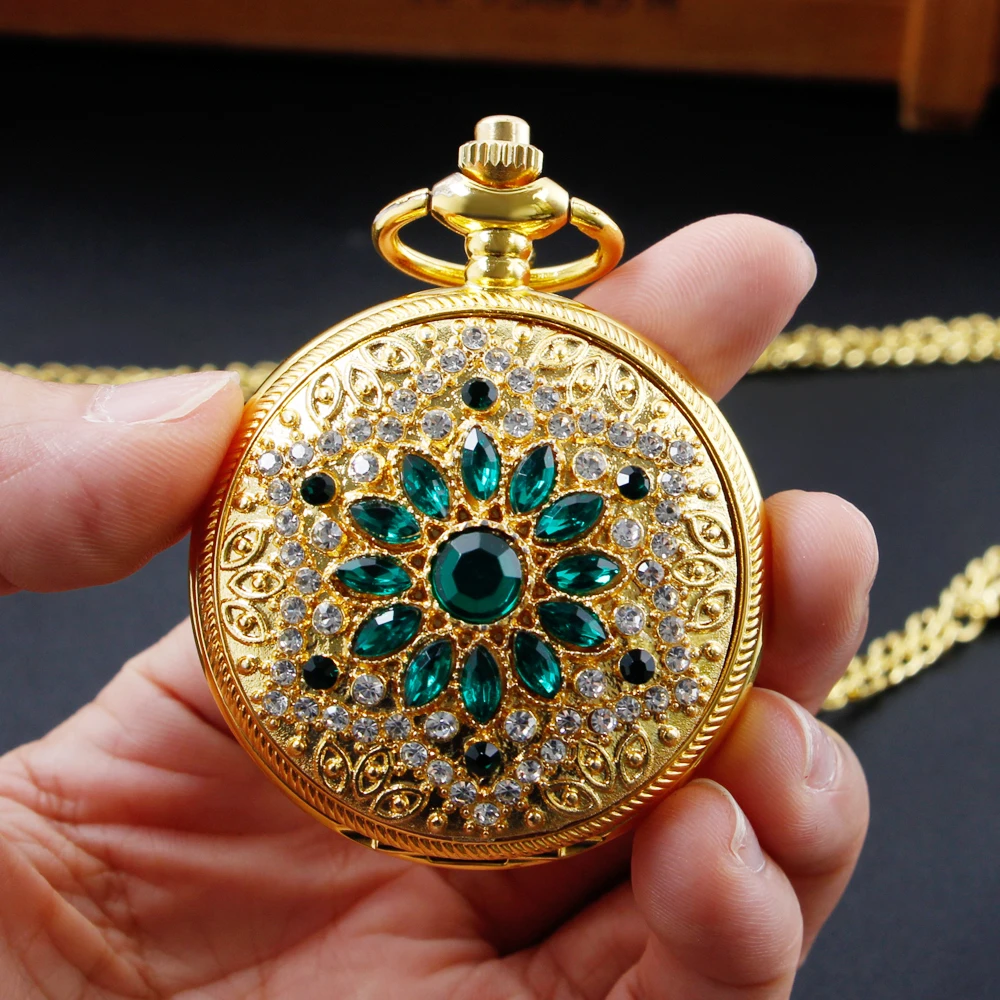 Green Diamond Handicrafts Quartz Pocket Watch Vintage Luxury Gold Necklace Ladies Pendant Best Gift reloj mujer analogico