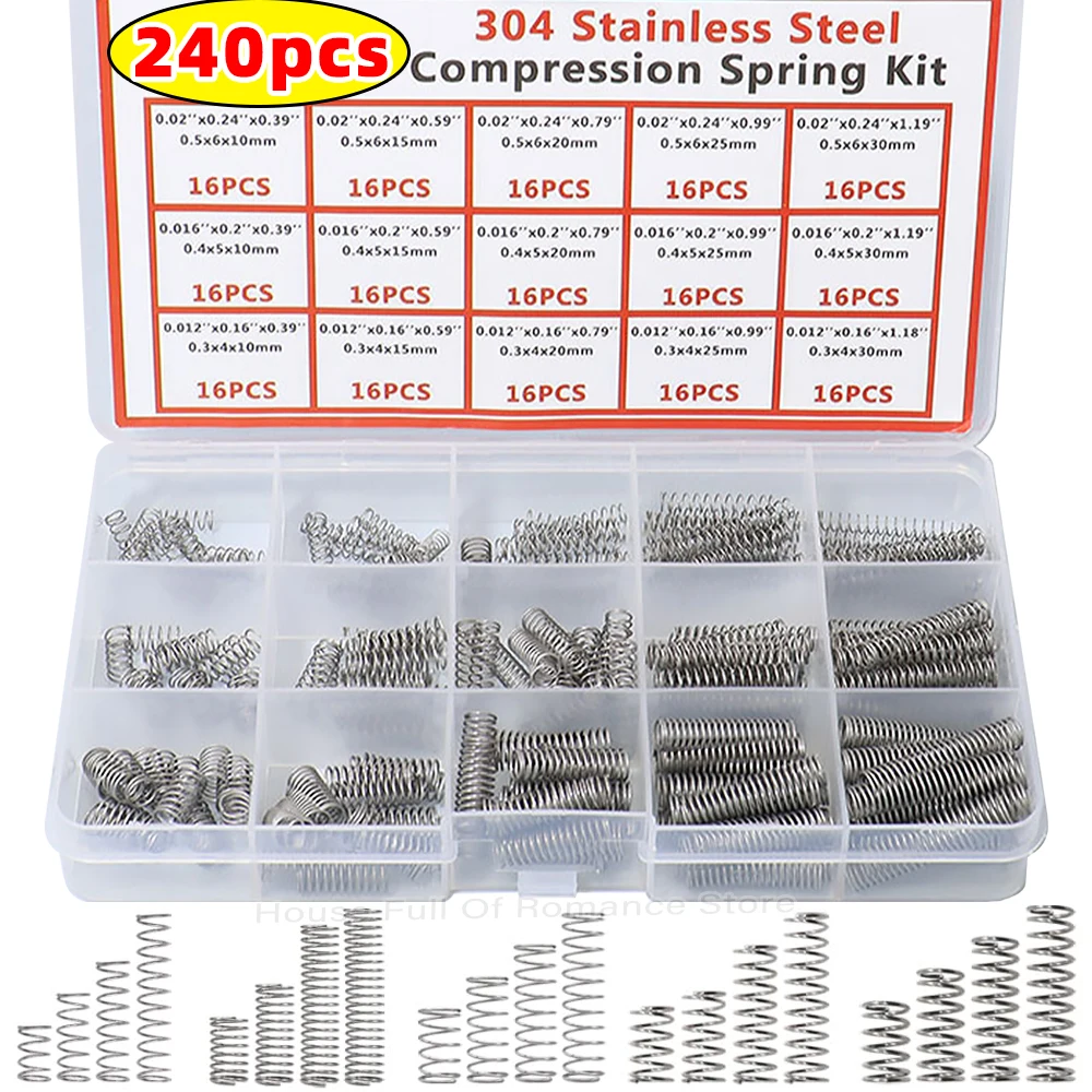 240PCS/box Compression Spring Assortment Kit 304 Stainless Steel with 15 Sizes Small Springs for Mechanical Repairs DIY Projects