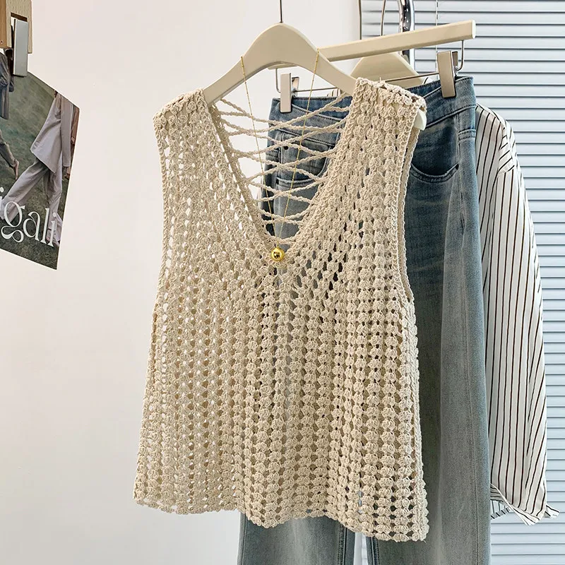 Sleeveless Knit Blouse for Women Open Stitch V-Neck Crochet Tunic Top Summer Beach Cover Up Boho Vacation Outfit