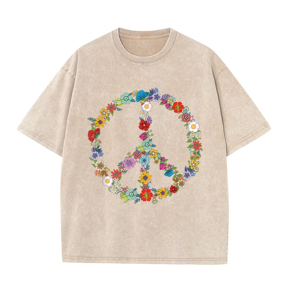 Love and Peace Flower Sign Hippie Lover Beautiful Cute Funny T-Shirt Top Y2k Clothes Pink Cotton Tee Printed Short Round Casual