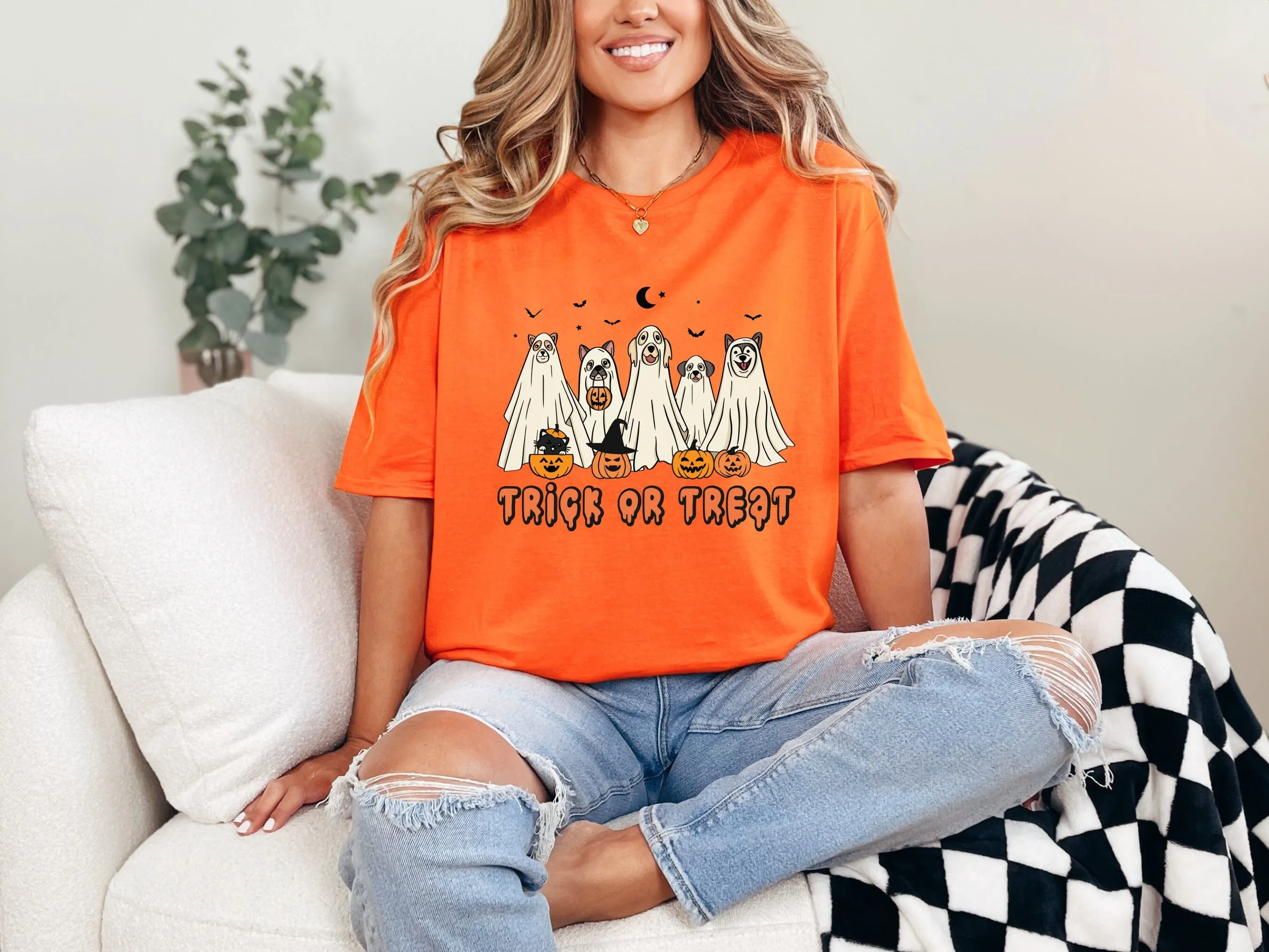 Trick Or Treat Halloween T Shirt Sweat Spooky Season Horror Cute Puppy Fall Women'S