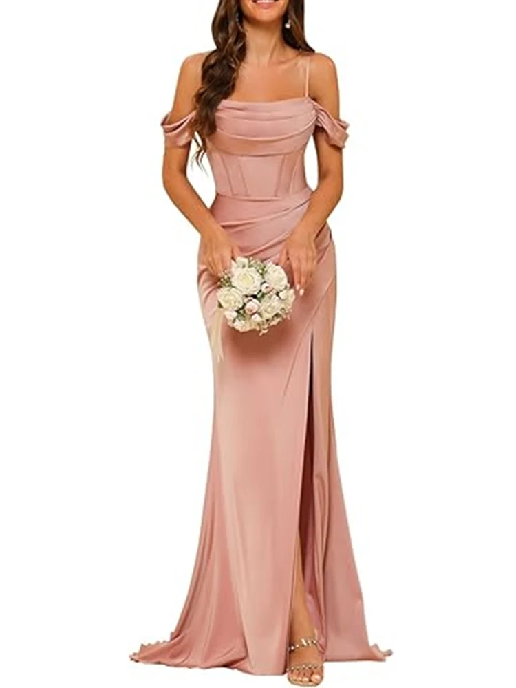 Off-the-shoulder Satin Bridesmaid Dresses Long Fishtail Waist Slit Slim Fit Evening Dress Women Formal Banquet Party Maxi Dress