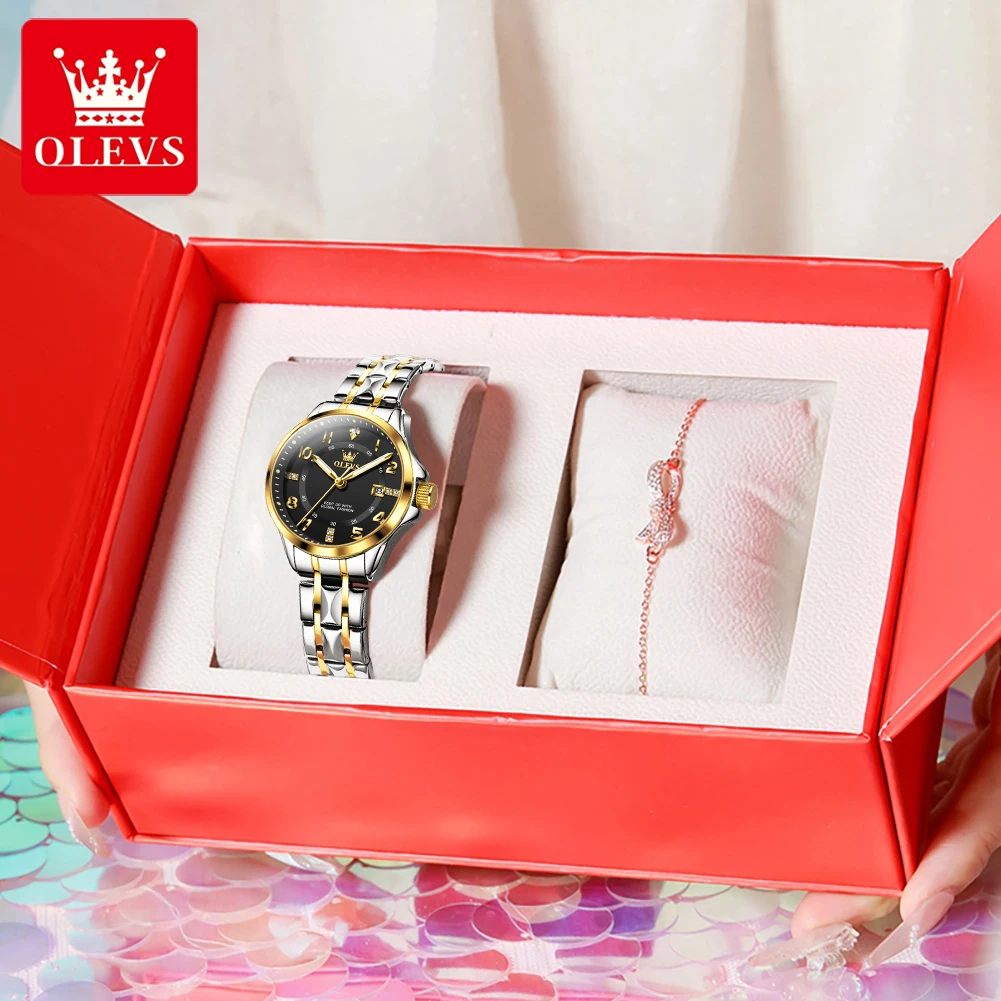OLEVS 2910 Womens Watch Quartz Wristwatch Arabic Numerals Waterproof Luminous Date Ladies Watch Bracelet Set Gifts Original