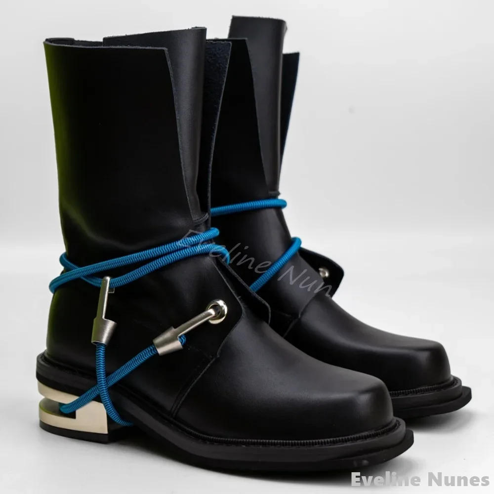 

Супер крутые походные ботинки с металлической пряжкой, женские ботинки с круглым носком на массивном каблуке, черные ботинки до середины икры, новые ботинки Hotties