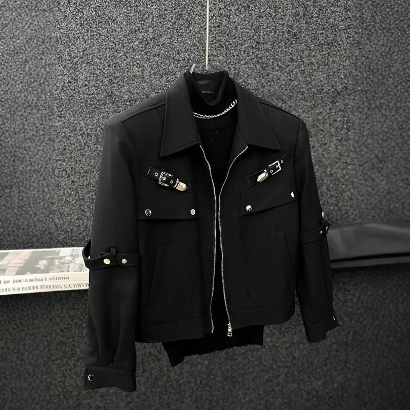 American Metal Zipper Deconstructed Personalized Design Jacket for Men's Trendy Brand Autumn New Black Short Shoulder Pad Jacket