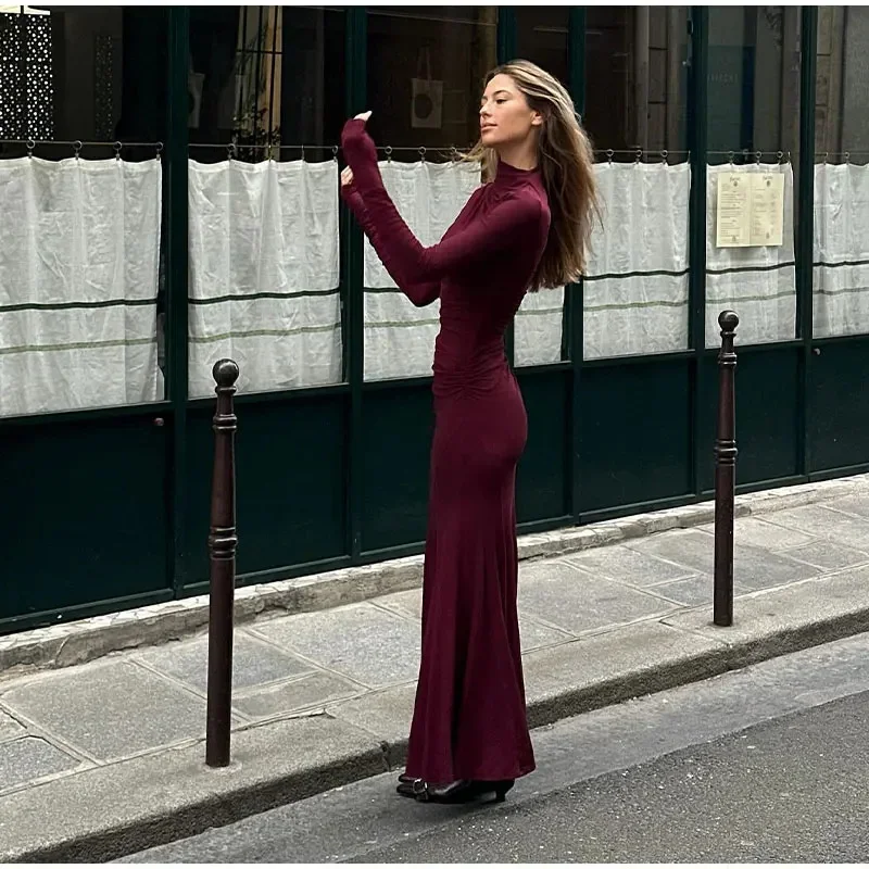 2025 exy Red Long Sleeved Women's Dress Autumn O Neck Slim Fit Red Spicy Girl Long Dress New Casual High Street Wrapped Skirt