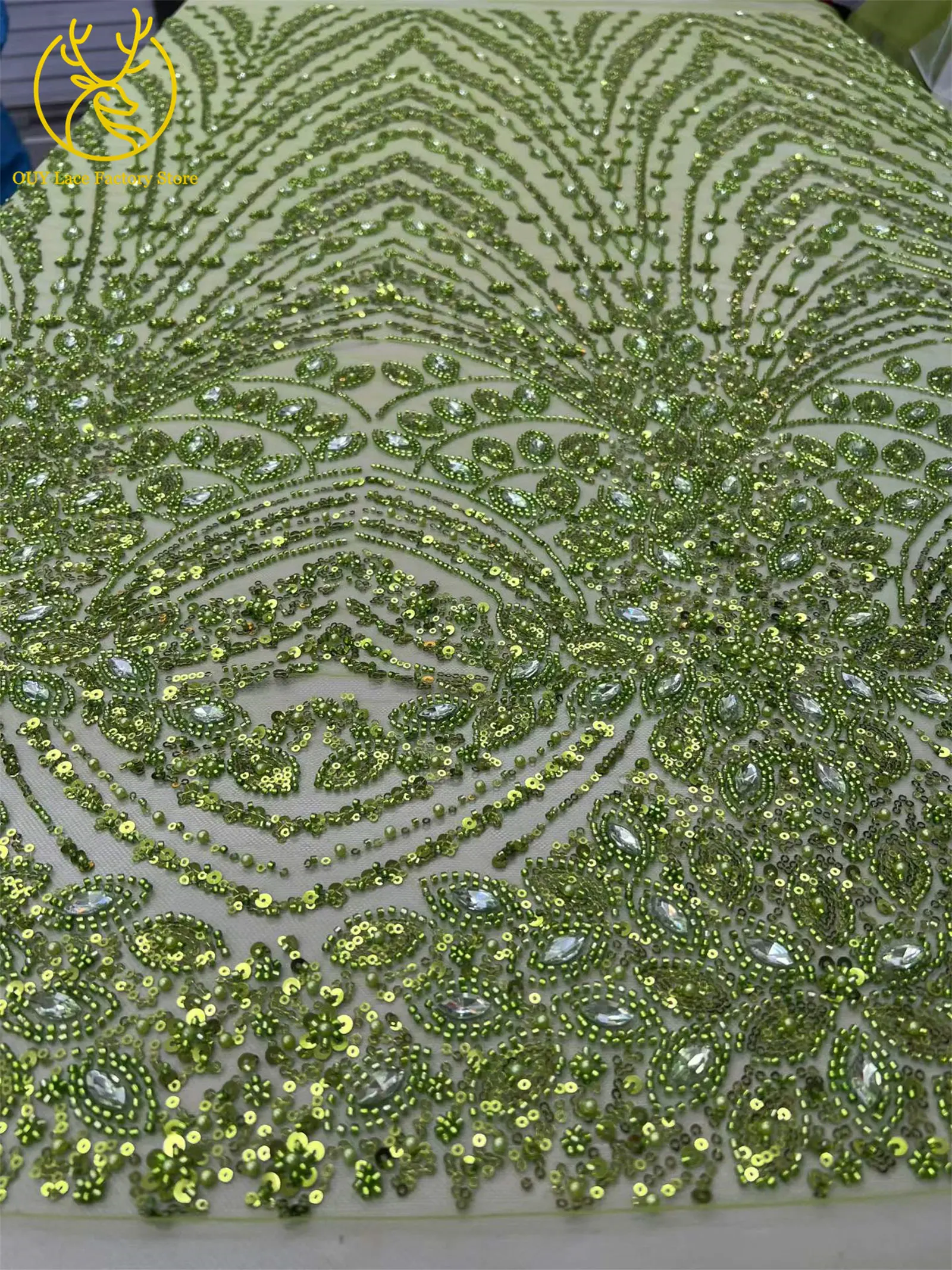 5 Yards Afrikanischer Perlen-Pailletten-Tüll-Spitzenstoff 2026 Hochwertiger Nigerianischer Steinbesetzter Spitzenstoff Grüner Spitzenstoff für Abendkleider – Detail 4