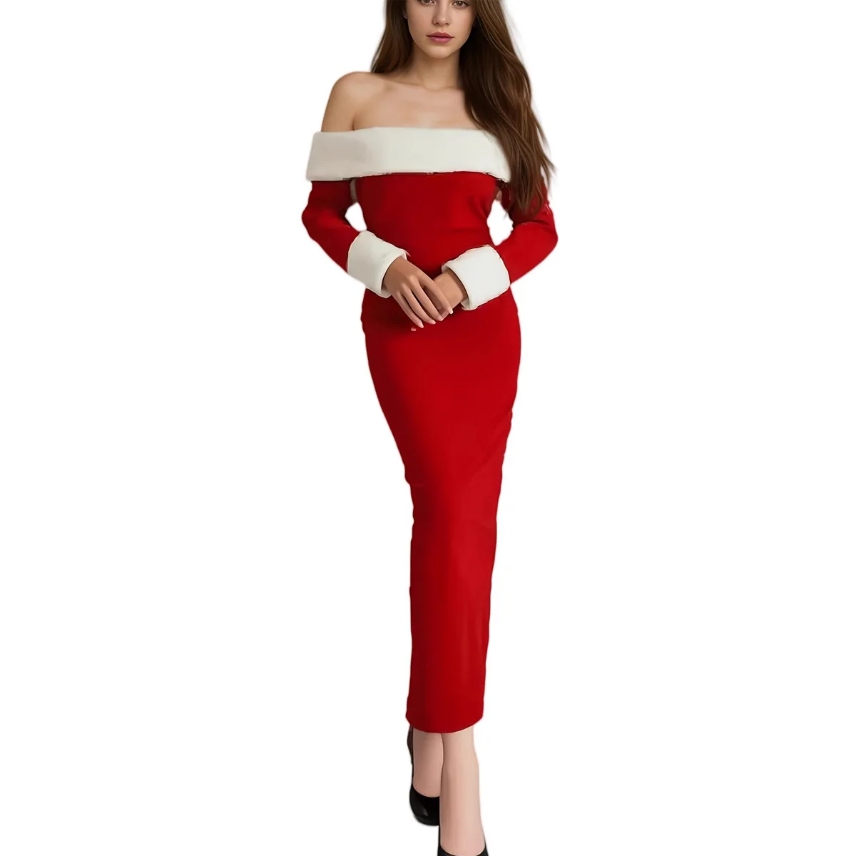 Women's Off Shoulder Fur Slim Fit Christmas Long Dress, Female Clothes Long and elegant Christmas dress