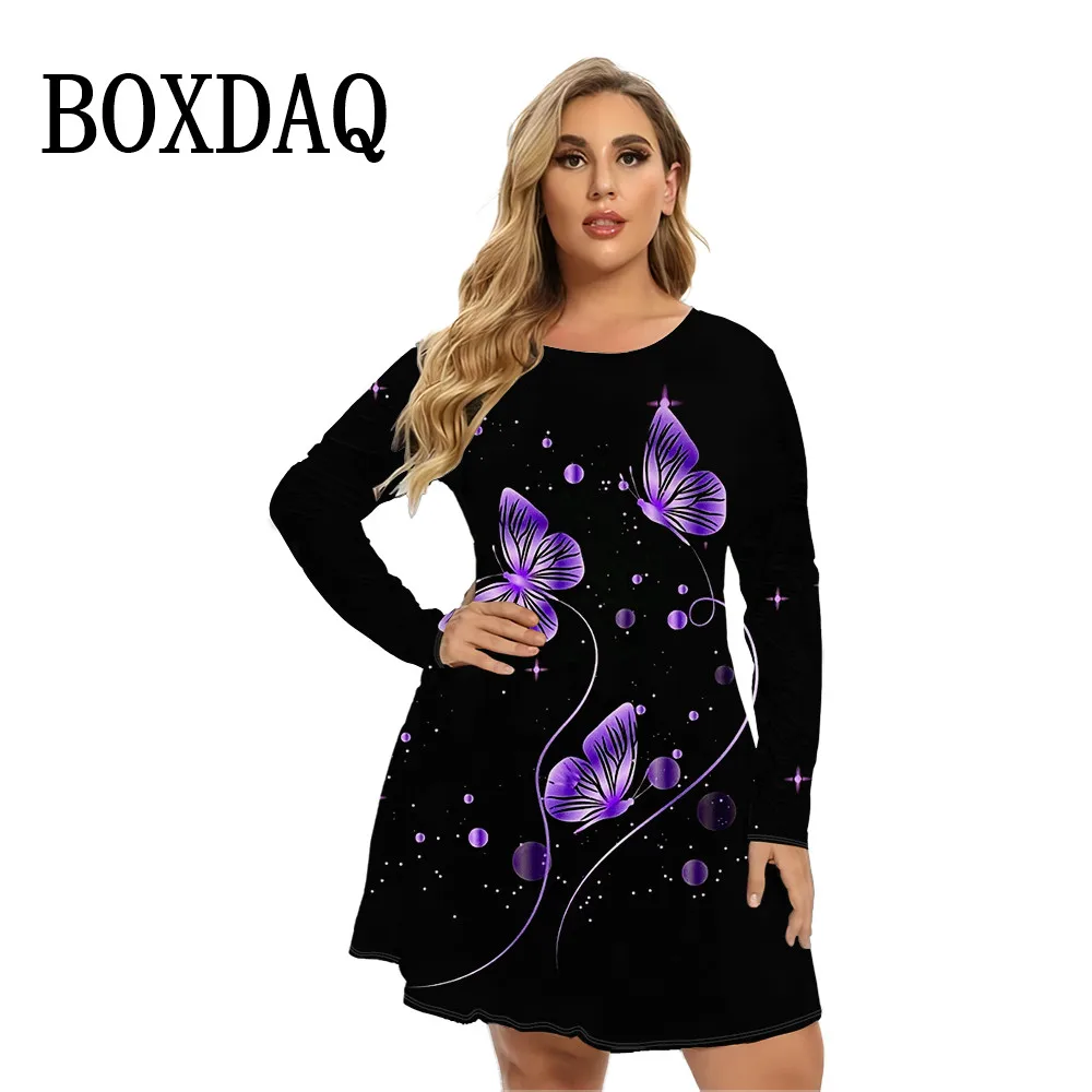 Mini vestido com estampa borboleta feminino, vestido de linha A feminino, manga comprida, tamanhos grandes, casual, solto, plus size, outono, inverno, moda