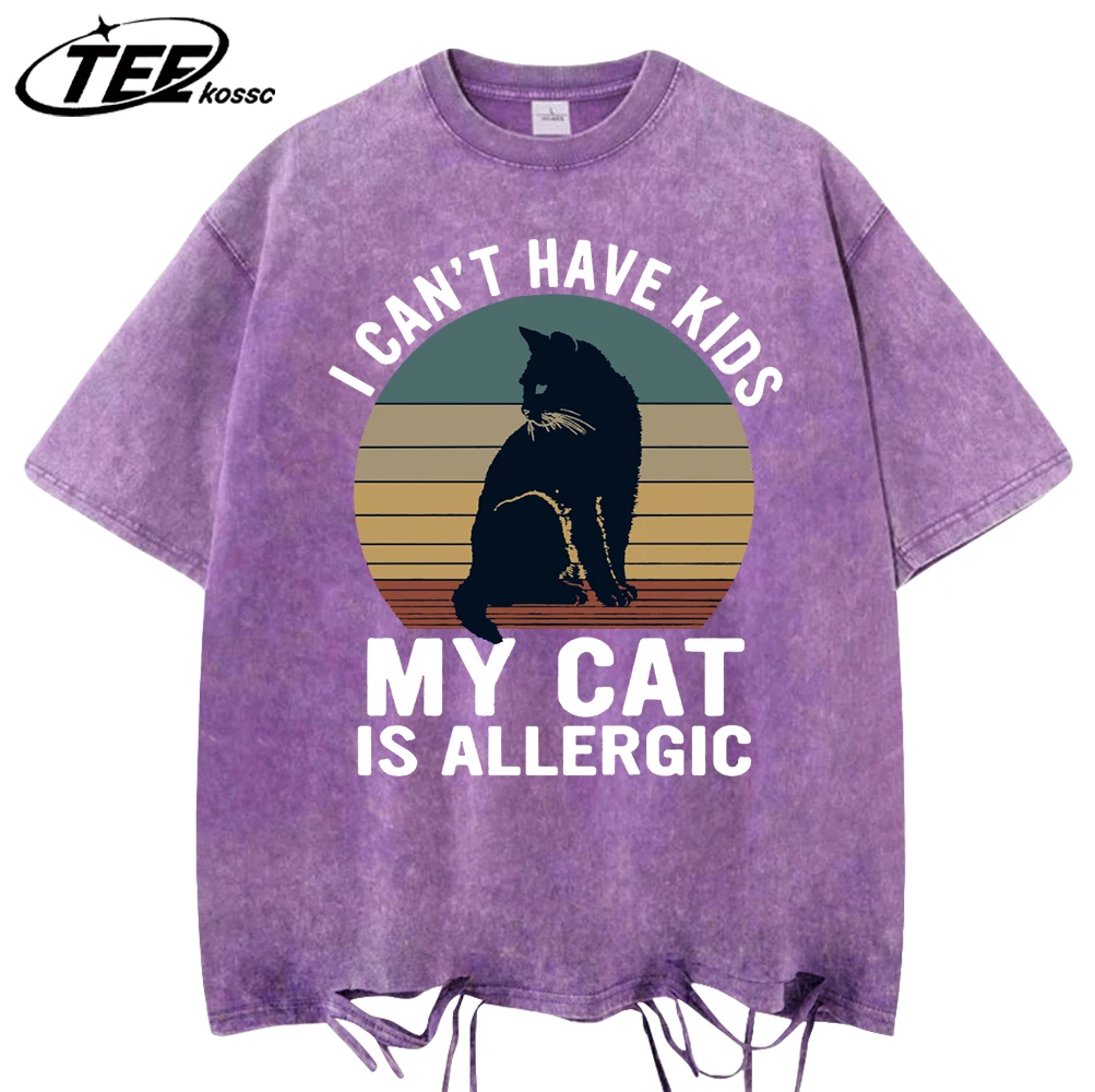 

My Cat Is Allergic To Children Print Men Washed Holes T Shirt Casual Cotton T-Shirts Summer Hip Hop Clothes Oversized Streetwear