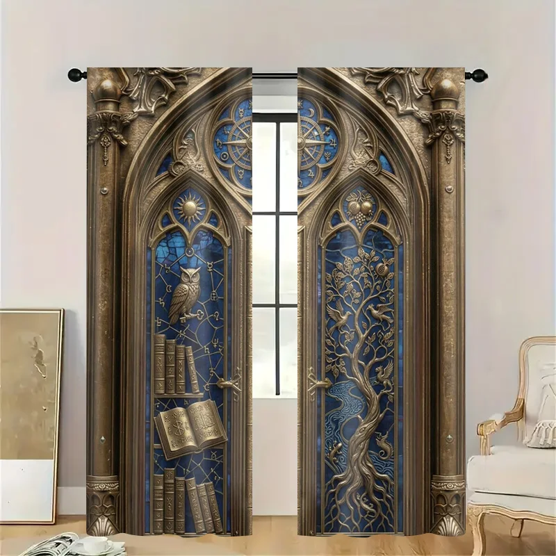 Ornate Baroque Gold Curtains for Decorative Transom Arch Windows Pair Vintage Medieval Luxury Window Treatment Panel Decor