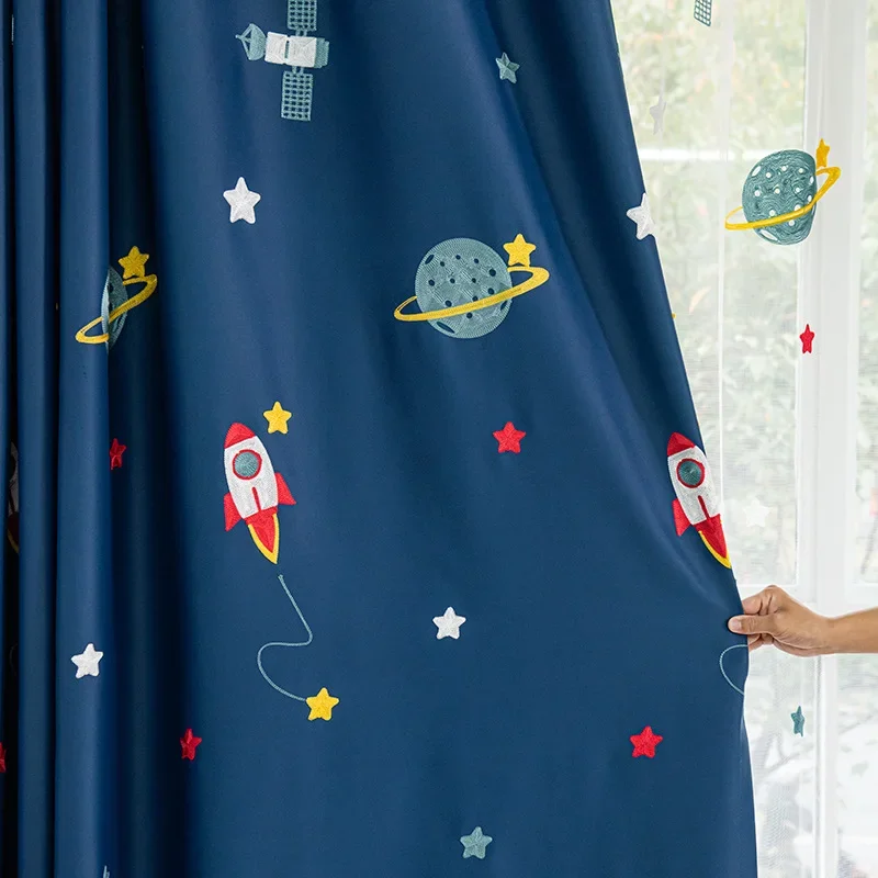 Modern Cartoon Dark Blue Boys Kids Curtain for Bedroom Space Planet Rocket Embroidery Drape Shading 80% Window Treatment #E